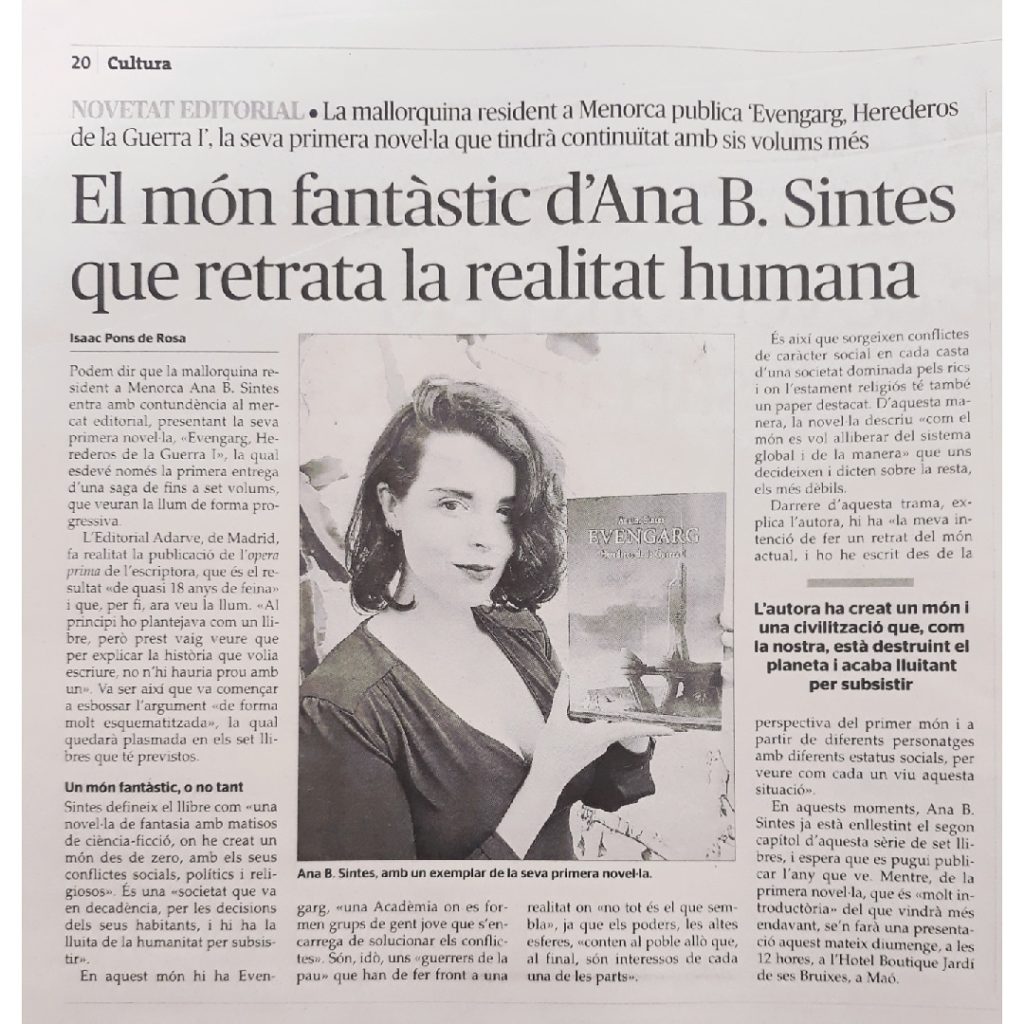 Ana B Sintes habla de Evengarg Herederos de la Guerra I en diario Menorca. Editorial Adarve, Editorial Adarve de España, Editoriales de España, Editoriales actuales de España, Editoriales españolas, Editoriales españolas actuales