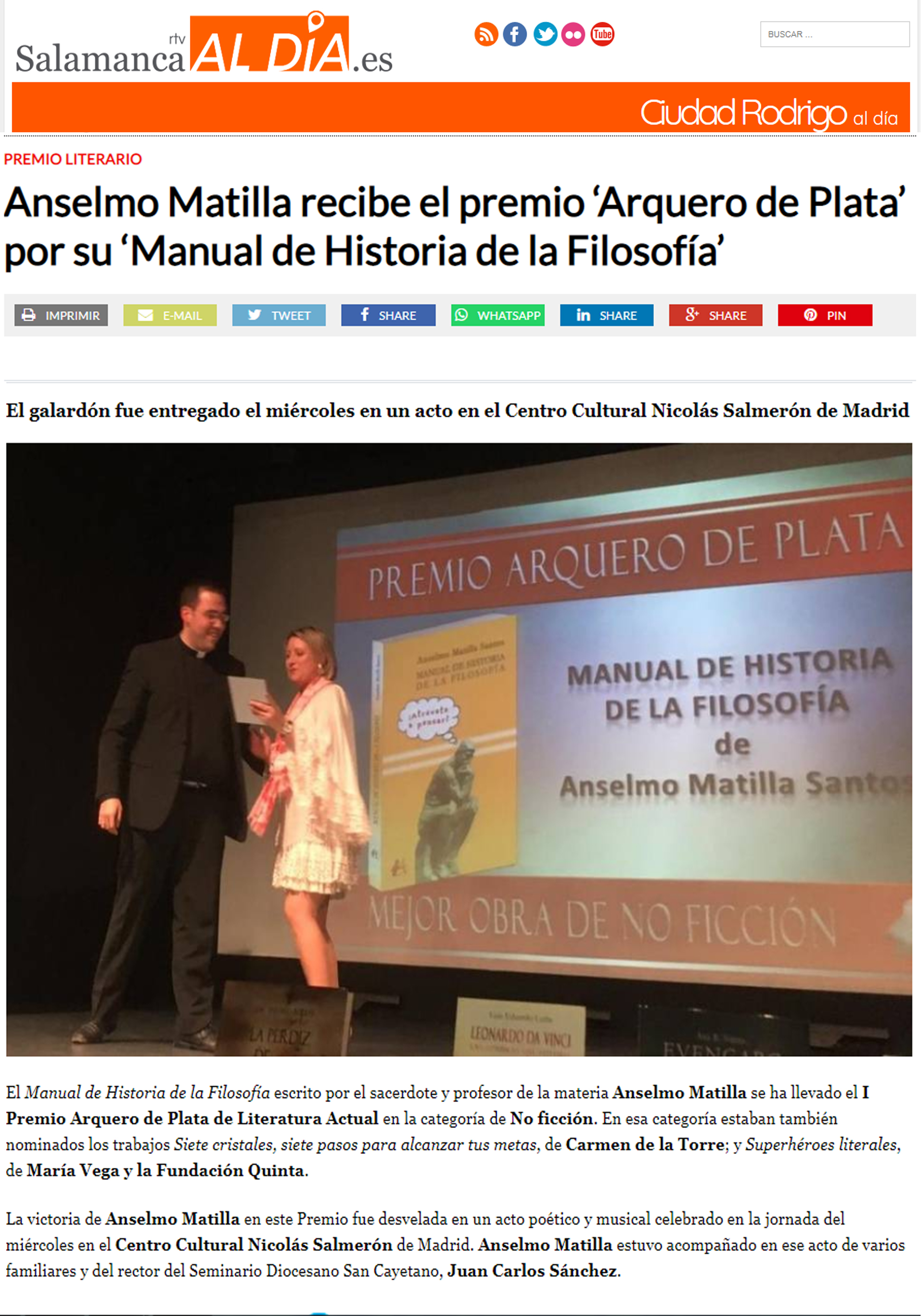 Anselmo Matilla Santos en Salamanca RTV. Editorial Adarve, Editoriales de España
