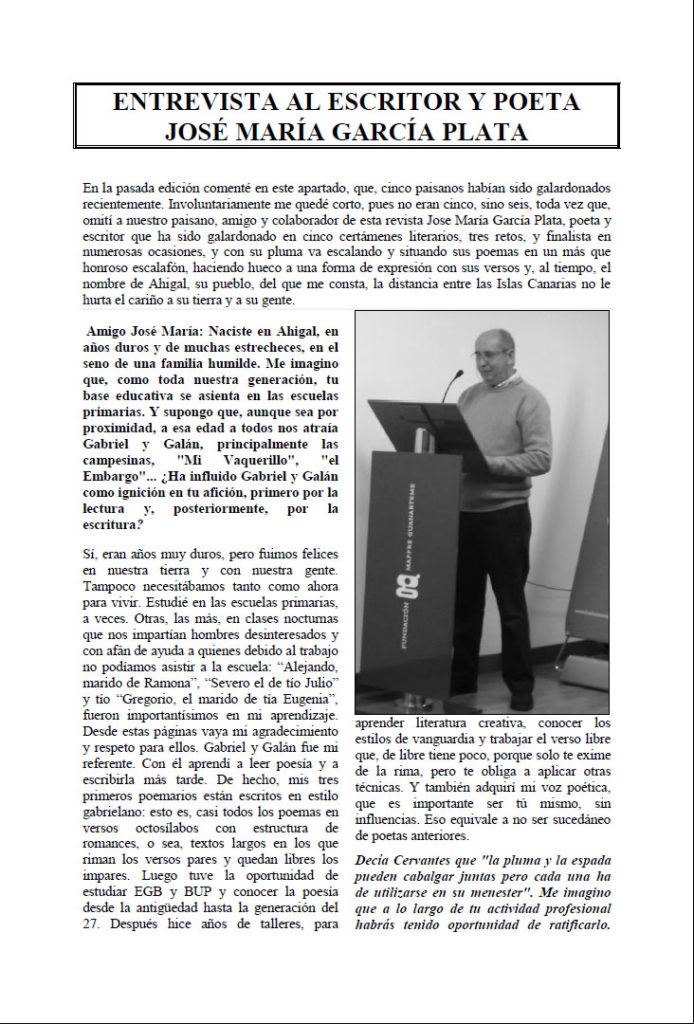 Entrevista José García Plata en Revista Ahigal. Editorial Adarve, Editoriales de España
