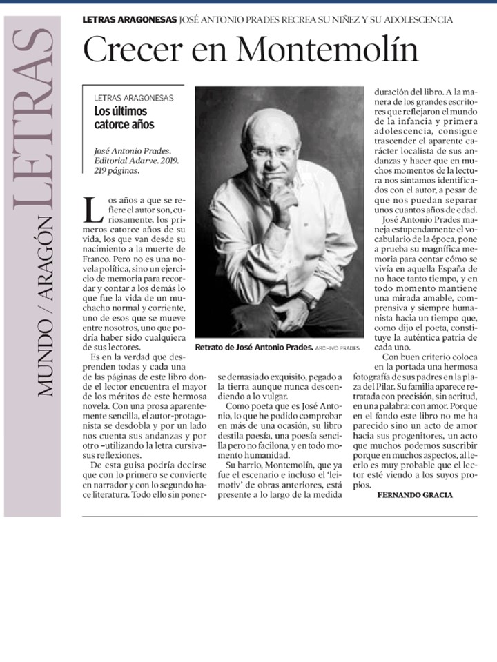 Reseña del libro Los últimos catorce años de José Antonio Prades en el Heraldo de Aragón. Editorial Adarve, Editoriales de España