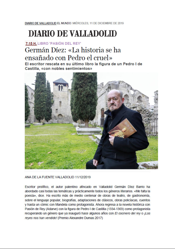 Artículo diario Valladolid Germán Díez Pasión de rey. Editorial Adarve, Editoriales de España